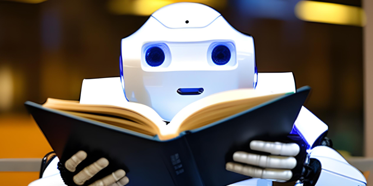 AI-generated image of a robot reading a book